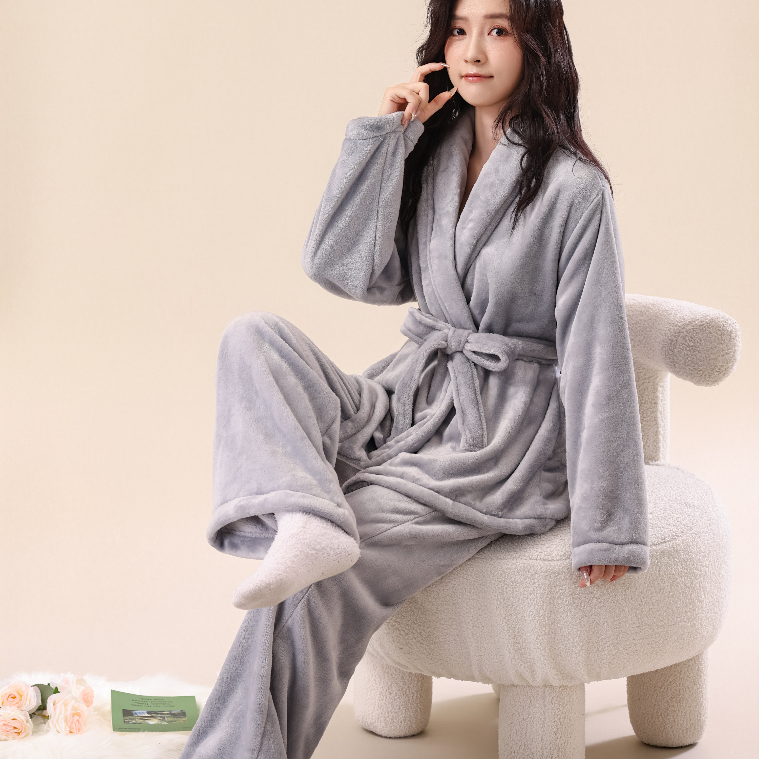 睡袍女士秋冬加厚加绒睡衣灰色简约大码休闲月子服保暖浴袍家居服