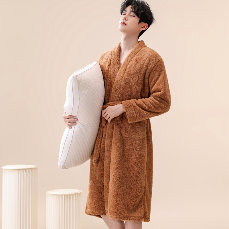 珊瑚绒睡袍男士中长款浴袍秋冬加厚加绒晨袍长袍睡衣法兰绒居家服