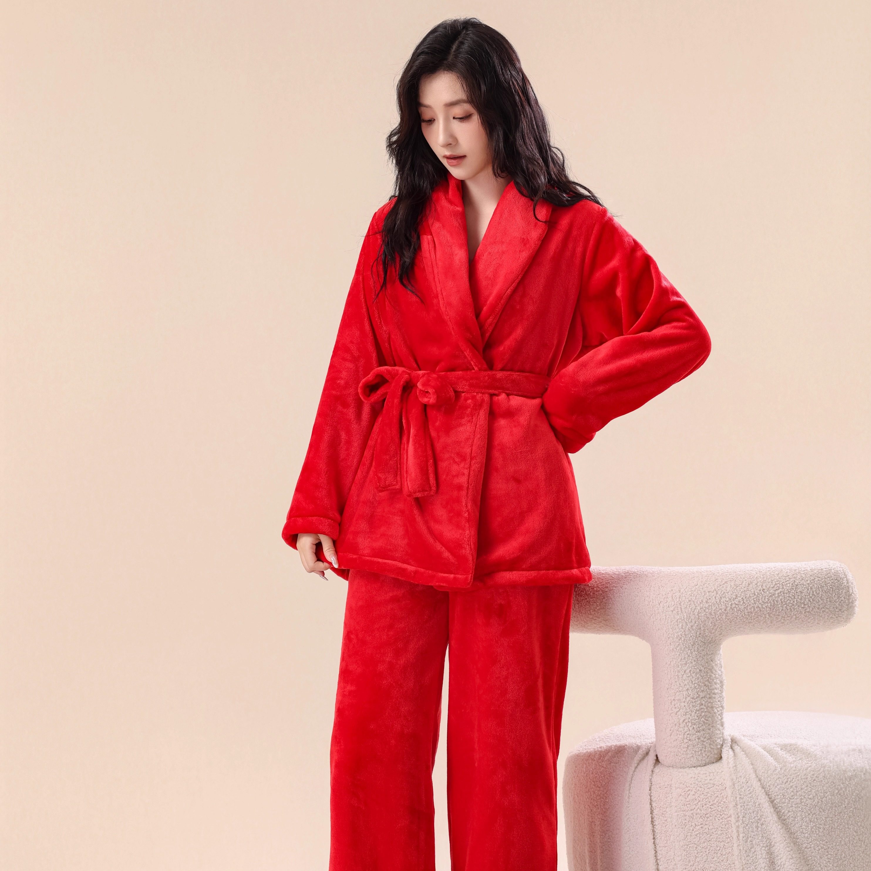 法兰绒睡袍女大红色秋冬结婚加厚保暖珊瑚绒浴袍套装可外穿家居服