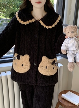 珊瑚绒睡衣女秋冬卡通加厚加绒黑色麦穗可爱学生法兰绒家居服套装
