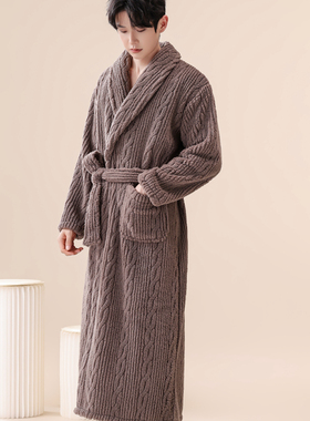2025新款男士睡袍珊瑚绒加厚睡衣中长款浴袍秋冬季提花法兰绒晨袍
