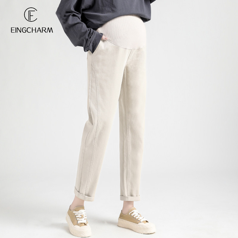 孕妇裤秋冬外穿直筒加绒加厚大码宽松老爹裤秋季萝卜裤托腹哈伦裤