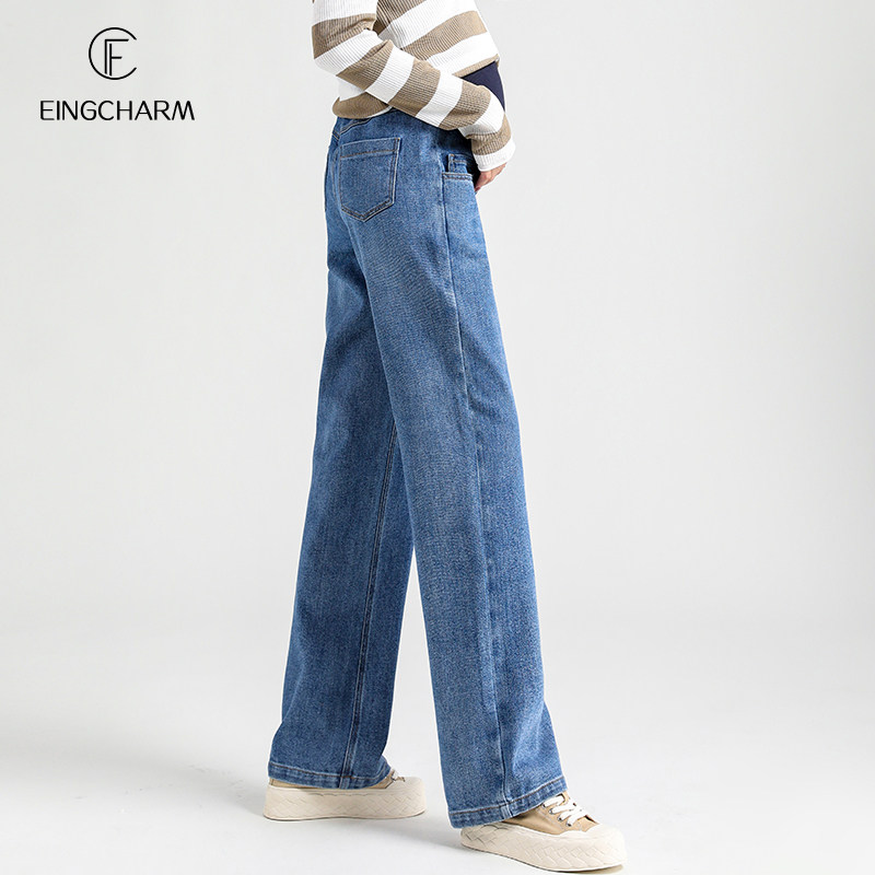 孕妇裤秋季外穿时尚牛仔裤宽松阔腿裤加厚拖地长裤大码秋装直筒裤