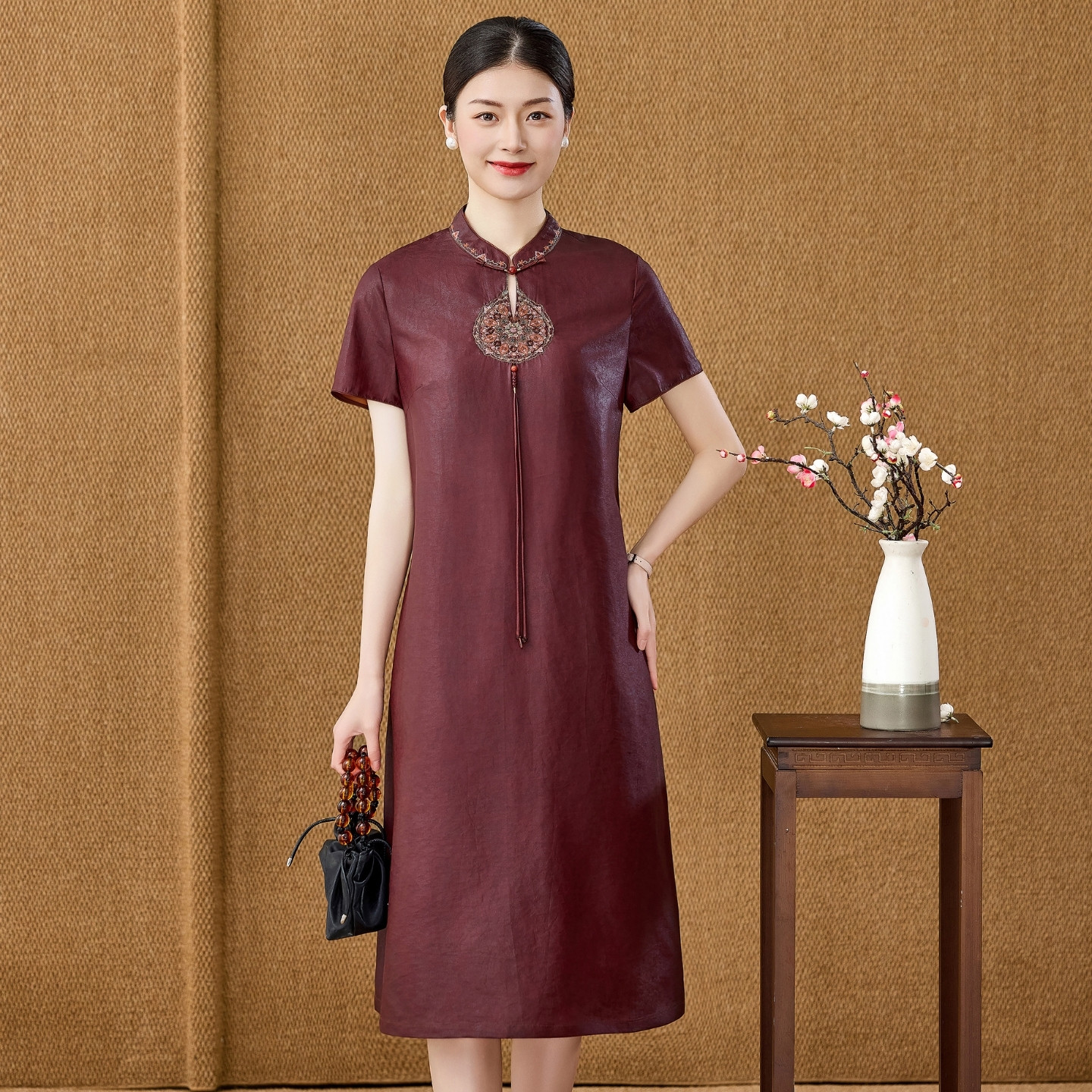 重磅真丝连衣裙高端香云纱2026改良旗袍妈妈婚宴装礼服桑蚕丝裙子
