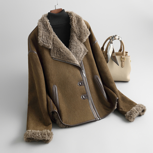 颗粒羊剪绒外套女短款2025冬新款双面穿机车风羊羔毛妈妈皮草外套