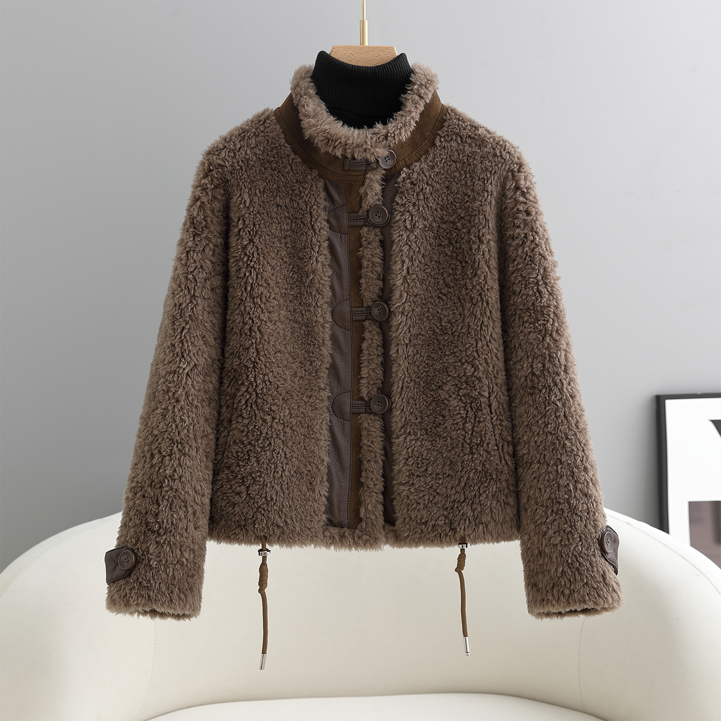 海宁羊剪绒皮毛一体立领羊毛外套