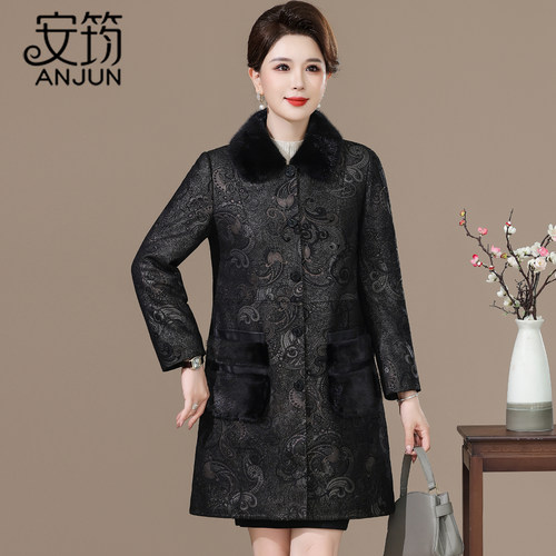 海宁真皮皮衣女中长款加棉外套压花中老年女装羽绒服2025冬季新款