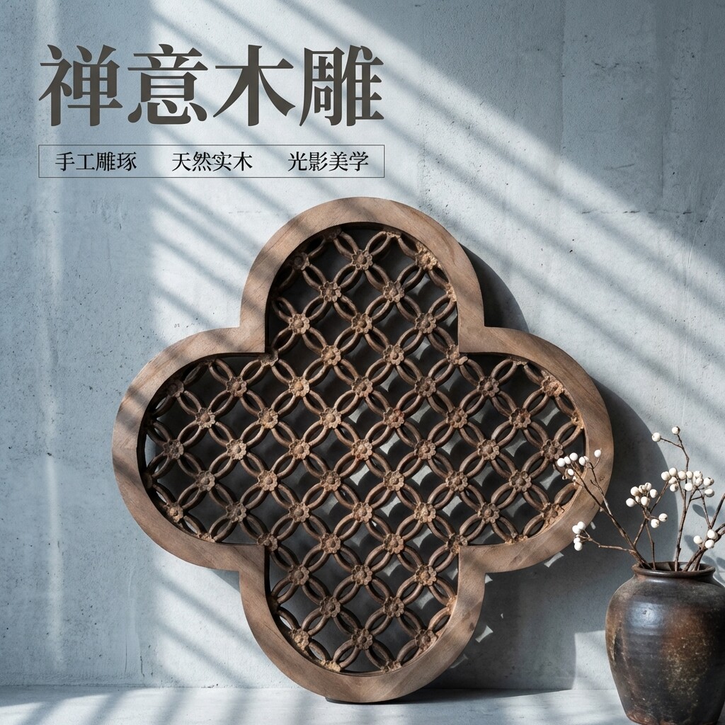 宋氏美学实木挂件诧寂风镂空雕花装饰客厅挂件东阳木雕定制背景墙