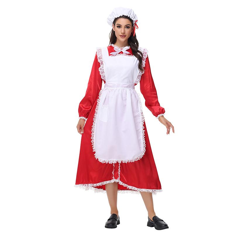 欧美新款万圣节COSPLAY圣诞女仆红色长裙庄园女佣角色演出服