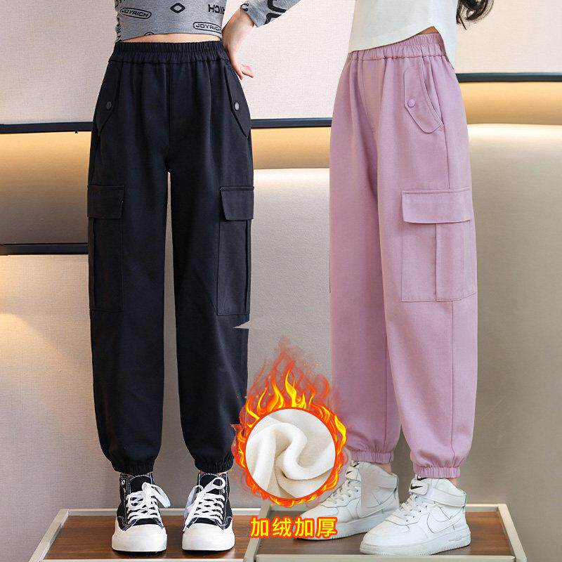 女童工装裤秋冬季加绒运动裤束脚长裤女孩中大童直筒宽松休闲裤子