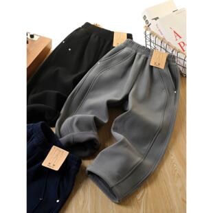 男童加绒裤子秋冬2025新款儿童加厚防风镰刀裤中大童一体绒运动裤