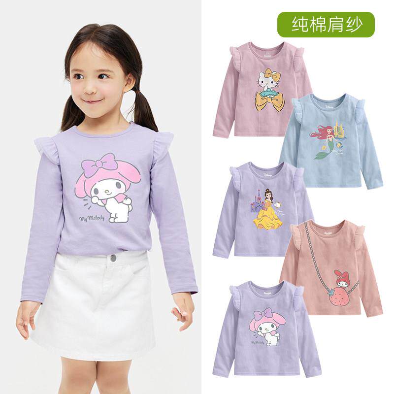 女童纯棉春秋长袖飞袖卡通公主T恤儿童女宝纯棉吸汗圆领休闲 上衣