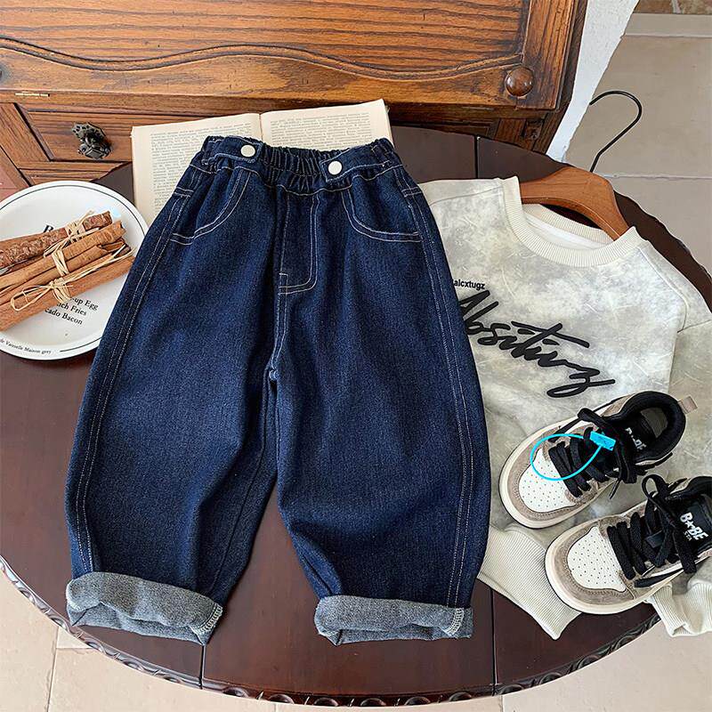 男童牛仔裤春秋款2025新款直筒宽松水洗棉软深蓝色中小童儿童裤子