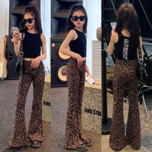 女童显瘦显腿长休闲裤子瑜伽裤中大童豹纹喇叭裤儿童洋气时髦长裤