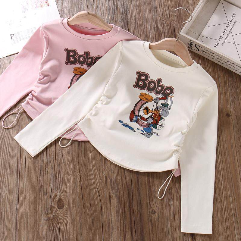 女童长袖T恤纯棉春秋2025新款韩版短款上衣修身儿童粉白色打底衫