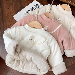 冬2025女童加厚保暖上衣宝宝蚕丝棉夹棉超厚半高领打底衫内搭衣服