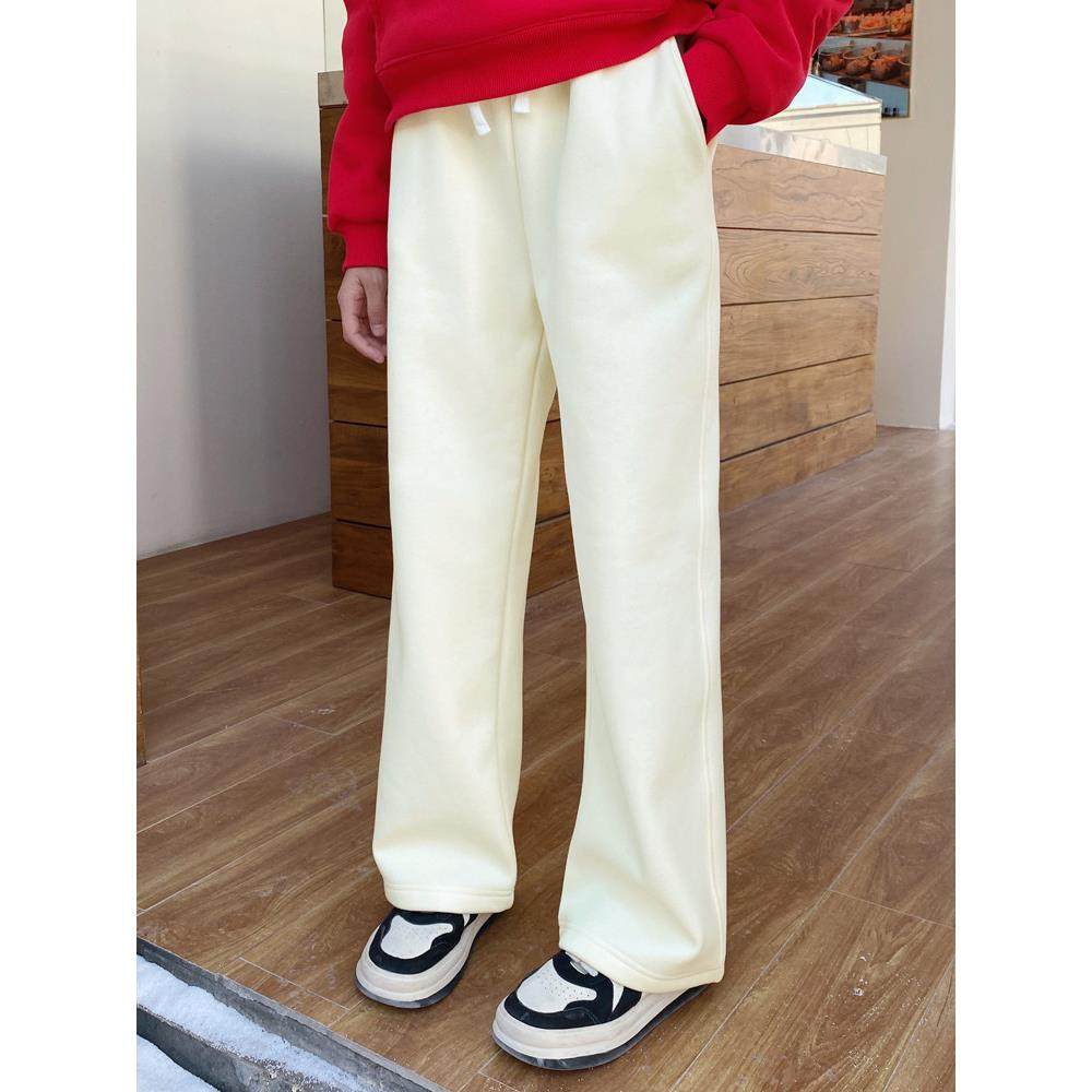 冬季女童加绒运动裤阔腿裤直筒裤子休闲卫裤纯棉白色韩版宽松长裤