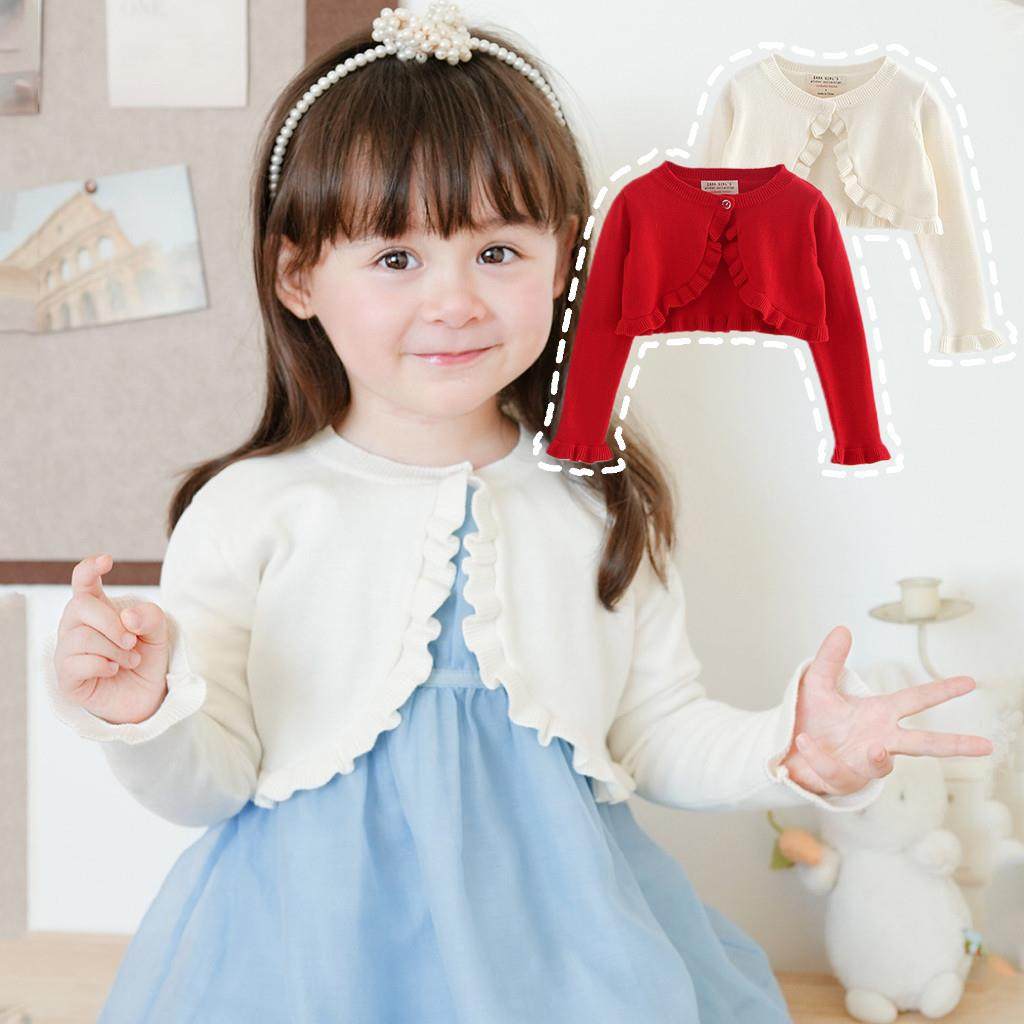 女童薄外套针织开衫蝴蝶结毛衣短款披肩小宝宝搭配礼服春秋装红色