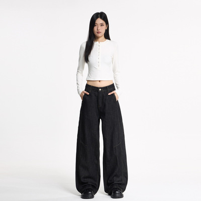 美式复古水洗黑弯刀阔腿牛仔裤 cleanfit风
