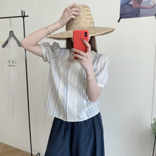 新款 苏珊 女夏季 韩系条纹方领蕾丝花边短袖 设计感上衣TS093 衬衫