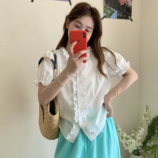 法式 衬衫 苏珊 甜美木耳边百搭V领短袖 减龄上衣QS020 2025夏季 新款