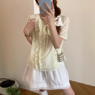 法式 新款 女裝 夏季 襯衫 氣質(zhì)時(shí)尚 蘇珊 上衣 木耳邊拼接系帶短袖