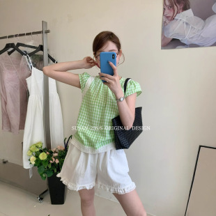 洋氣時髦蕾絲拼接短袖 蘇珊韓系女裝 格子新款 小衫 夏裝 上衣女DW086