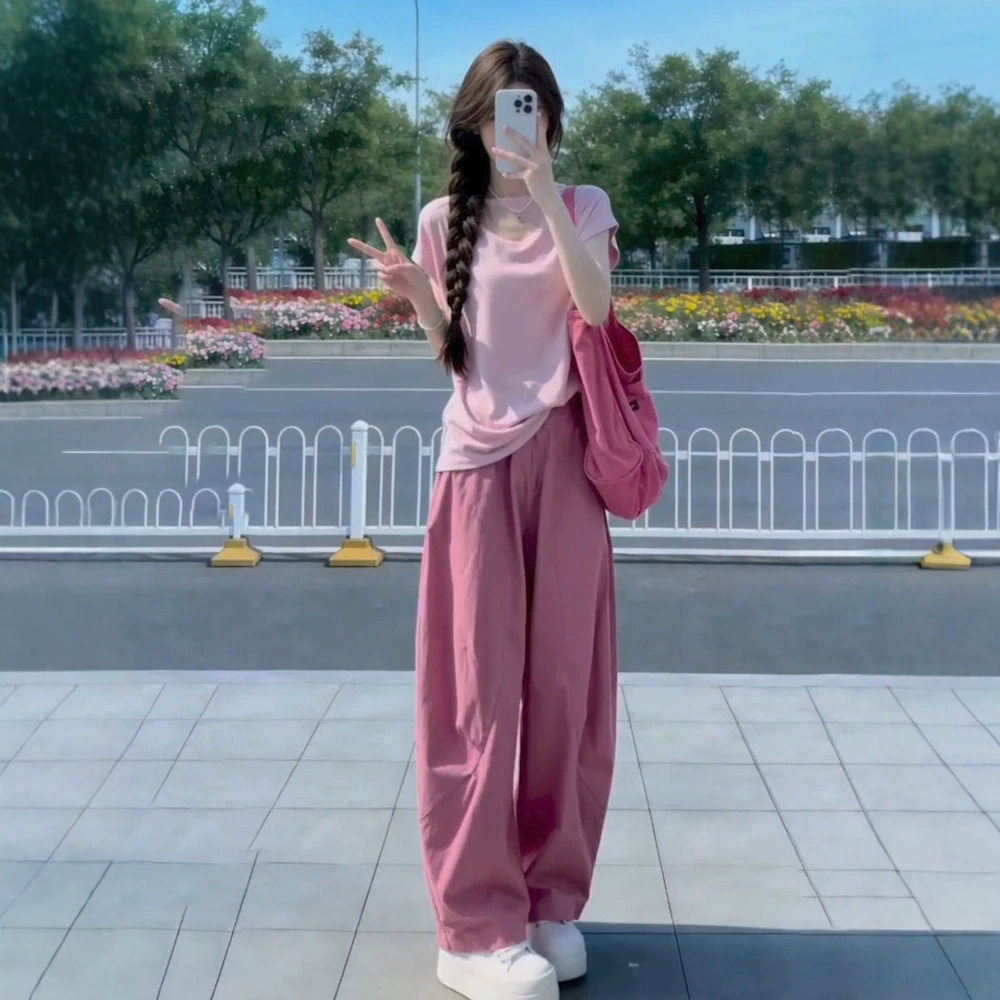 春夏款韩系减龄时尚穿搭休闲运动套装女夏季短袖阔腿裤两件套女装
