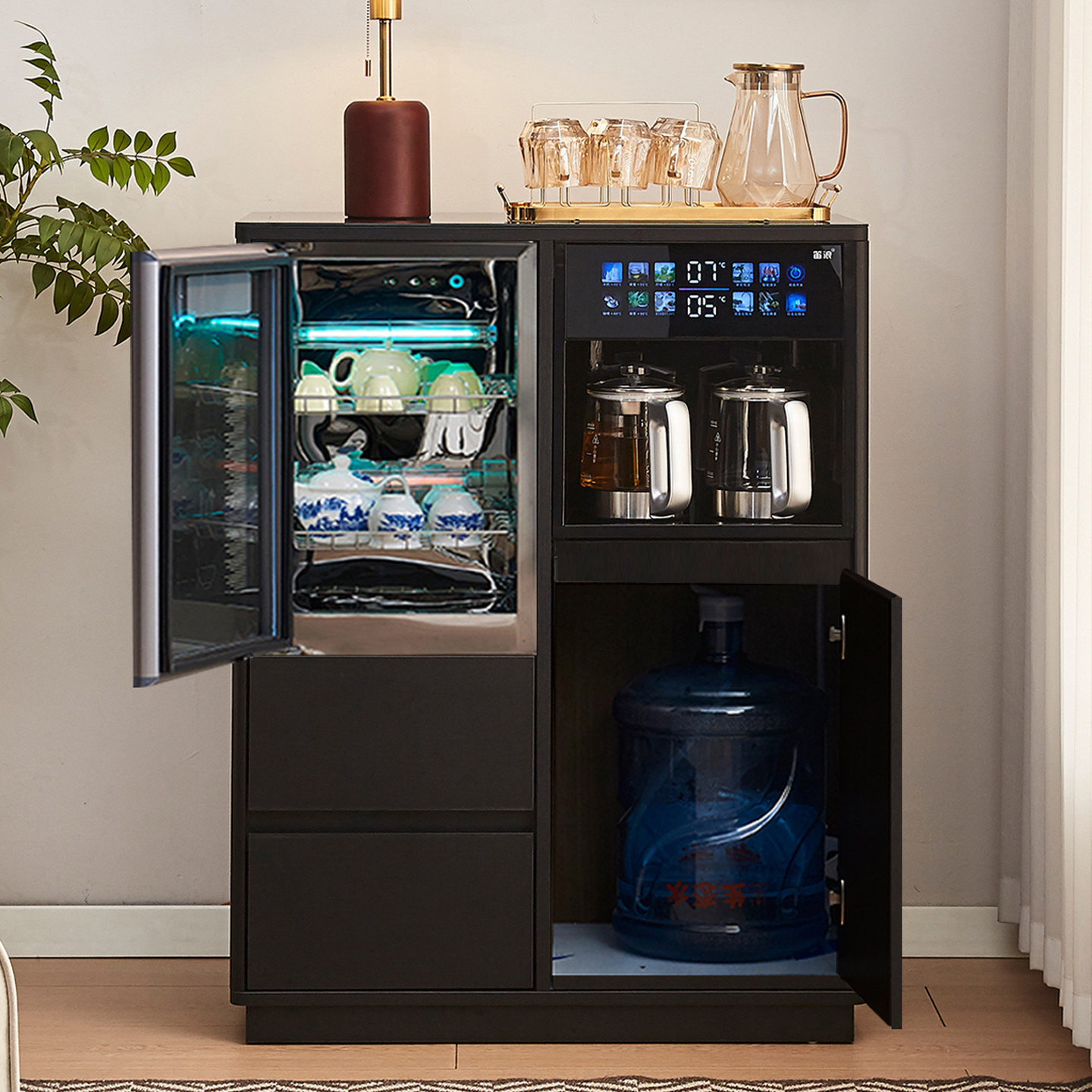 2026新款家用实木茶吧机高端客厅智能黑色全自动饮水机置物柜一体
