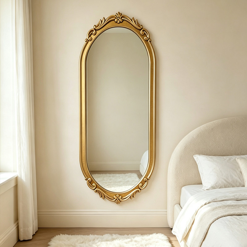 欧式宫廷风雕花全身镜复古金色边框落地镜卧室玄关壁挂显瘦穿衣镜