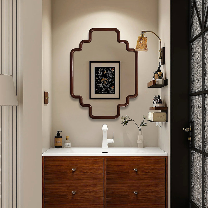 中式复古简约异形化妆镜浴室壁挂异形智能LED镜子玄关壁炉装饰镜