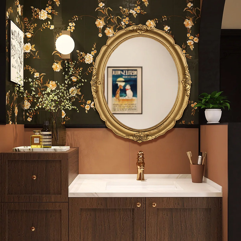 法式轻奢浴室镜家用卫生间壁挂洗漱镜壁炉雕花装饰镜复古化妆镜子