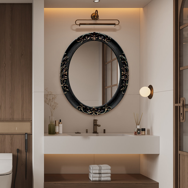 法式复古浴室镜椭圆中古风厕所化妆镜美式卫浴壁挂轻奢洗手台镜子