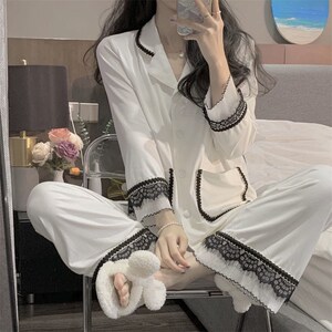 秋冬新款ins睡衣女日系蕾丝花边网红长袖开衫宽松长裤家居服套装