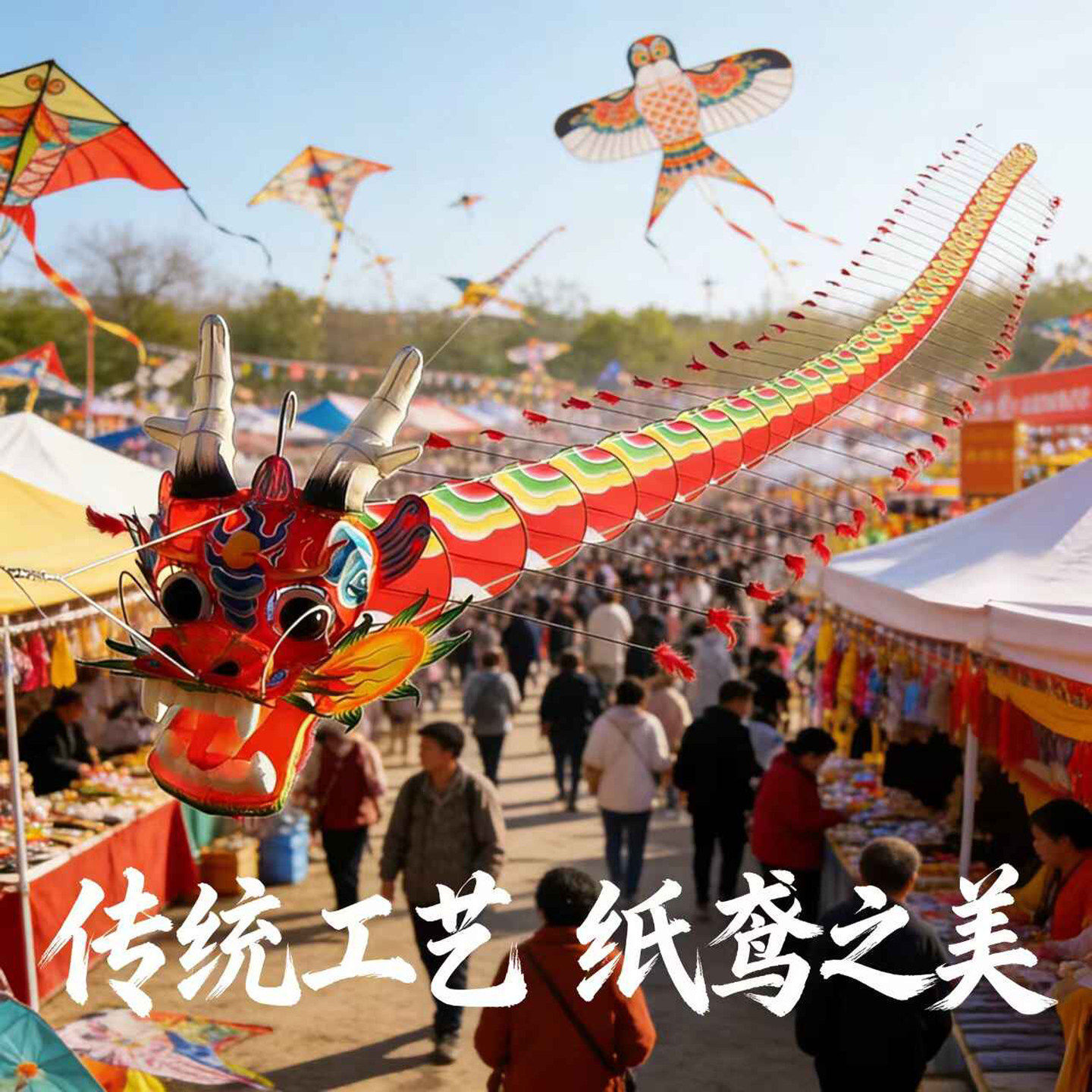 潍坊非遗传统室外龙头蜈蚣风筝手工彩绘巨型长龙超长尾翼风筝节