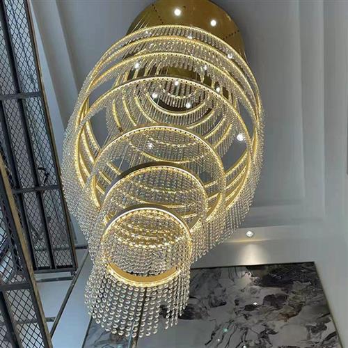 复式楼轻奢水晶大型吊灯不锈钢挑高中楼中厅艺术别墅客厅楼梯间灯