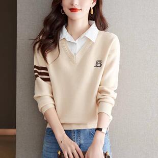洋气假两件上衣小个子毛衣打底衫 衬衫 时尚 女秋冬2025新款 领针织衫