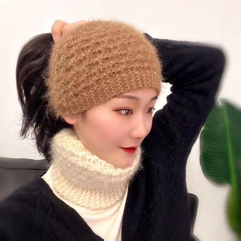 毛线针织帽菠萝帽女秋冬弹力遮白发帽两用可当围脖保暖护耳镂空帽