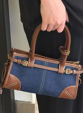 P家欧洲站真皮女包softlux mini牛仔布拼皮手提包单肩牛皮腋下包