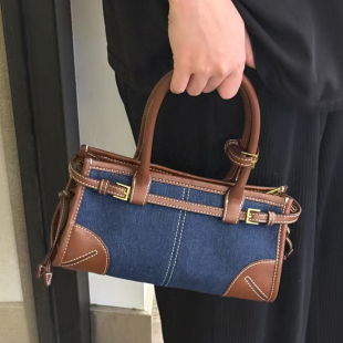 P家欧洲站真皮女包softlux mini牛仔布拼皮手提包单肩牛皮腋下包