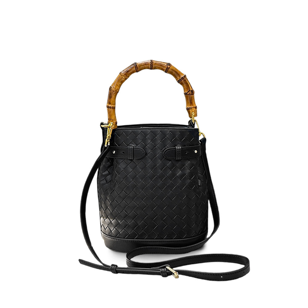 B家手工牛皮编织真皮女包竹节手柄复古手提水桶包单肩斜挎小包包