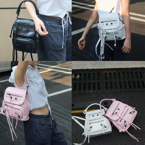 高版本B家头层油蜡皮真皮女包Lecity机车柳钉双肩包通勤流苏小包