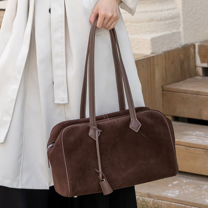 欧洲站麂皮绒大容量波士顿真皮女包磨砂头层牛皮单肩腋下托特包潮