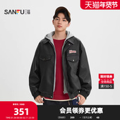 三福2026春季 PU皮外套516581 趣味美式 男士 英文点缀连帽夹克