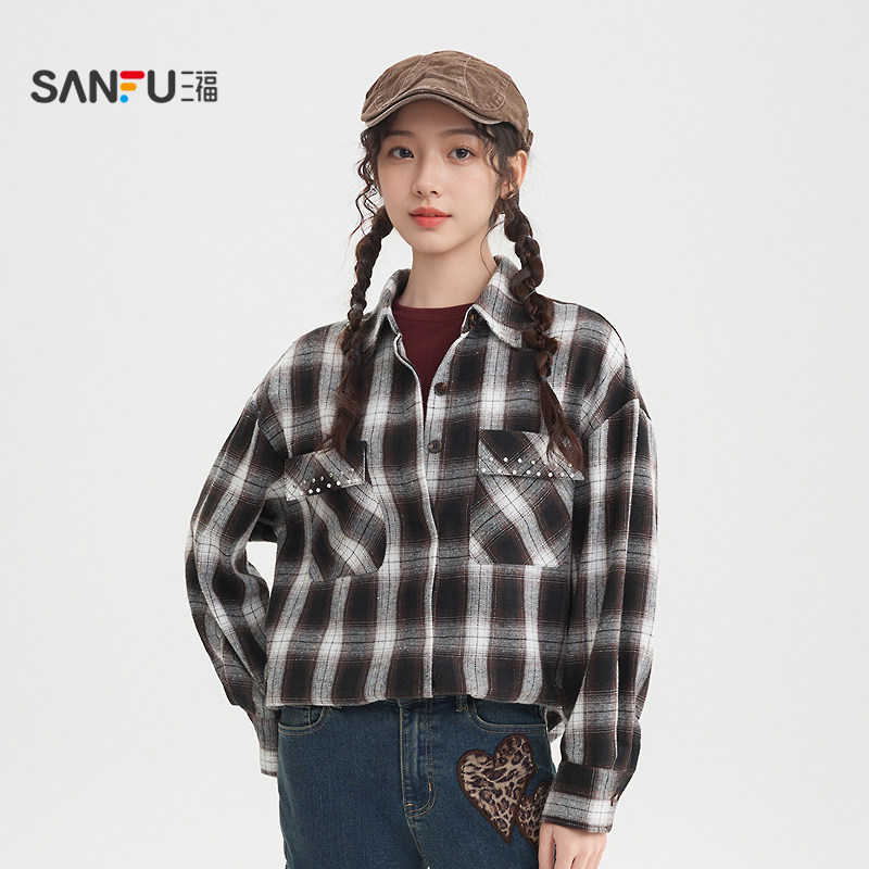 三福长衬衫2026春季烫钻口袋宽松中长款翻领上衣女装517498,女装/女士精品,衬衫,淘宝优惠券,粉丝福利购,淘宝优惠卷