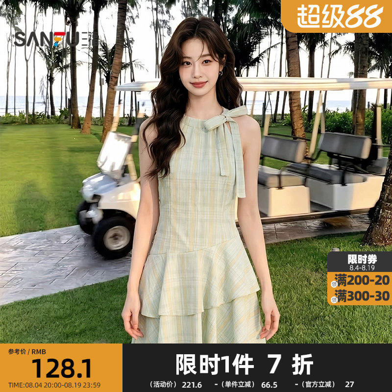 三福连衣裙2026夏季不规则下摆蝴蝶结绑带领口裙子女装526948