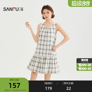三福连衣裙2026夏季格纹绑带圆领A型娃娃裙裙子女装857921