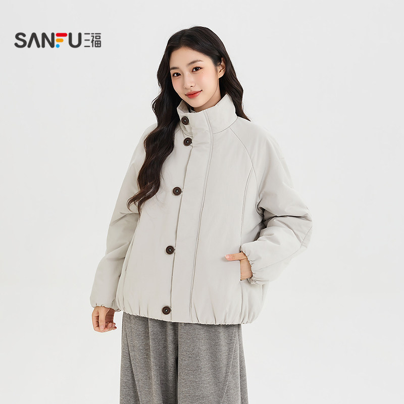 三福棉衣2026秋季前中金属拉链插肩袖棉服外套女装528812