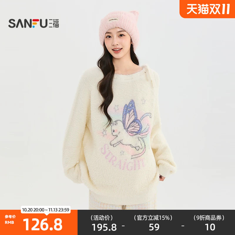 三福毛衫2026冬季猫咪图案热转印花蝴蝶结绑带上衣女装528093