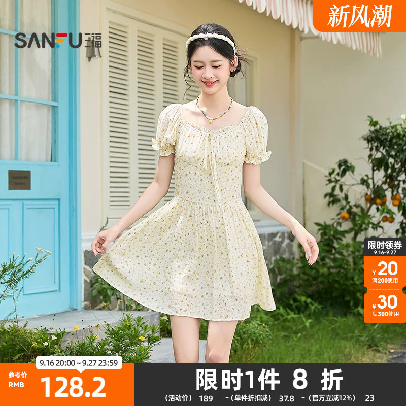 三福连衣裙2026夏季泡泡袖绑带碎花收腰清新裙子女装522021										